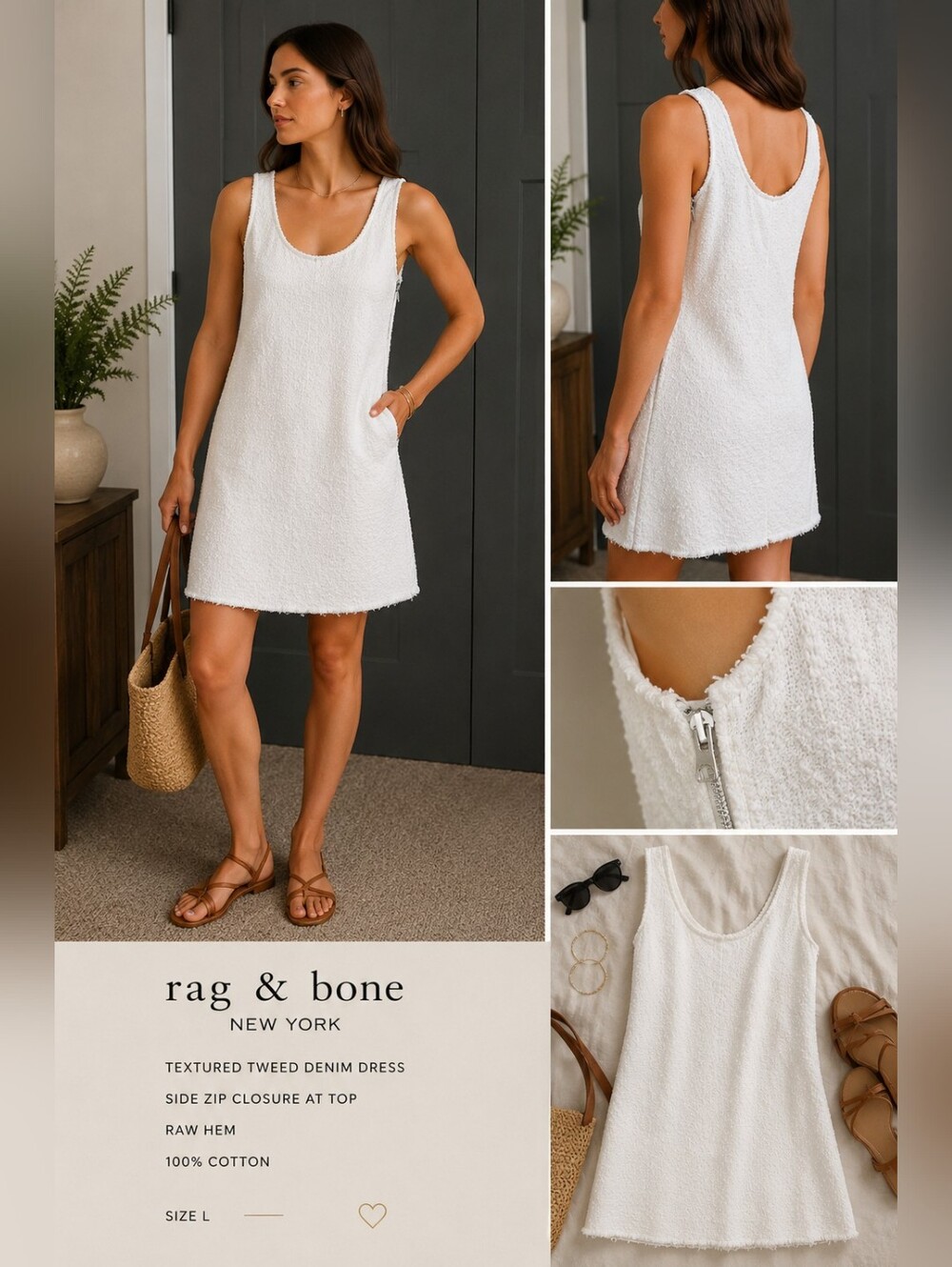 rag & bone White Tweed Mini Dress Textured Side Zip Raw Hem L
